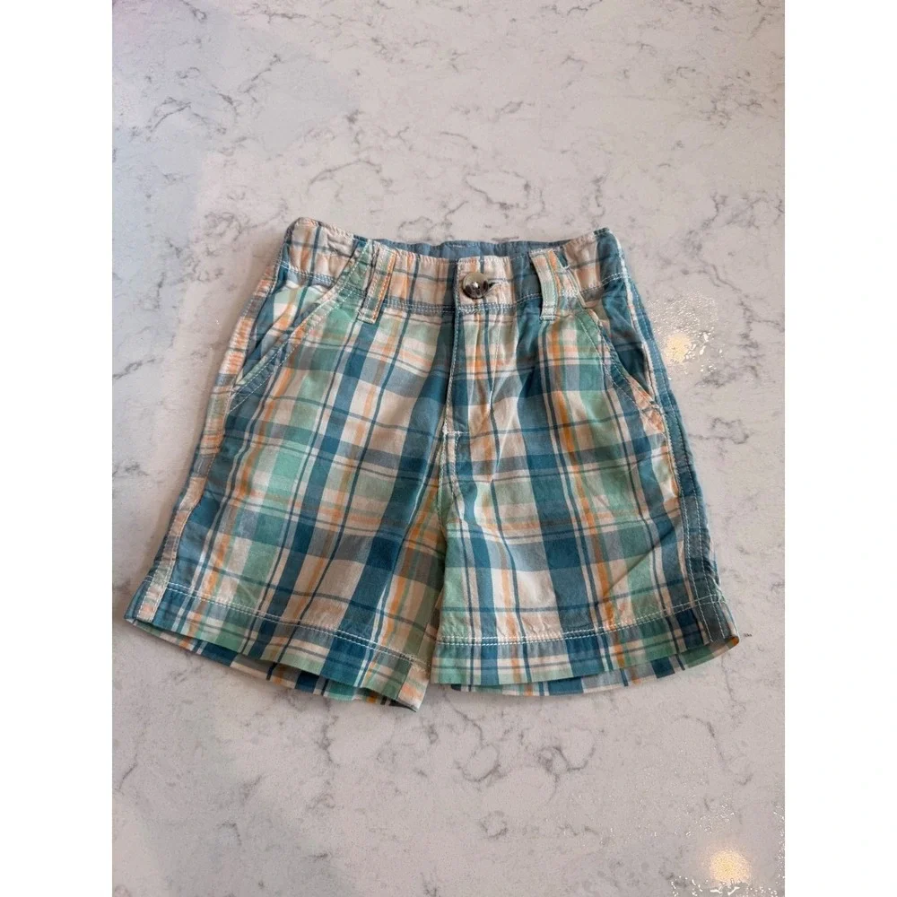 26.RuggedButts Boys Teal Orange Plaid Cotton Chino Shorts 12-18 Months